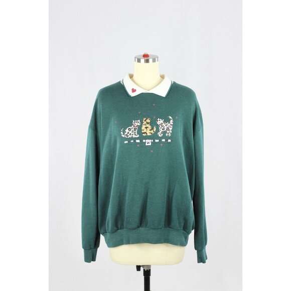 Vintage 90's STYLE STUDIO Dark Green Cat Applique Fleece Sweatshirt, Size L - Picture 1 of 13
